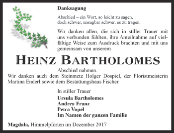Traueranzeige von Heinz Bartholomes von Thüringer Allgemeine, Thüringische Landeszeitung