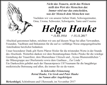 Traueranzeige von Helga Hauke von Ostthüringer Zeitung