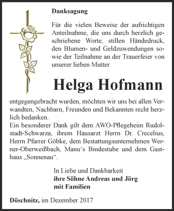 Traueranzeige von Helga Hofmann von Ostthüringer Zeitung