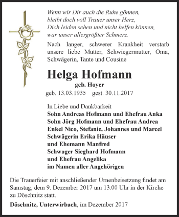 Traueranzeige von Helga Hofmann von Ostthüringer Zeitung