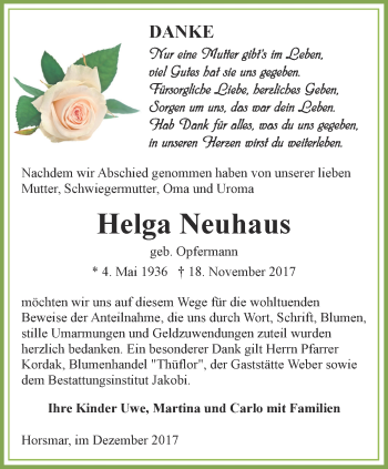 Traueranzeige von Helga Neuhaus von Thüringer Allgemeine, Thüringische Landeszeitung