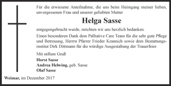 Traueranzeige von Helga Sasse von Thüringer Allgemeine, Thüringische Landeszeitung