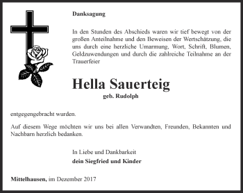 Traueranzeige von Hella Sauerteig von Thüringer Allgemeine, Thüringische Landeszeitung