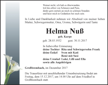 Traueranzeige von Helma Nuß von Thüringer Allgemeine