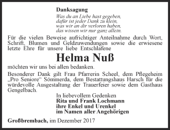 Traueranzeige von Helma Nuß von Thüringer Allgemeine