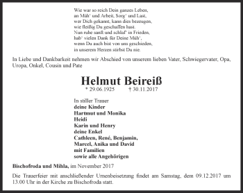 Traueranzeige von Helmut Beireiß von Thüringer Allgemeine, Thüringische Landeszeitung