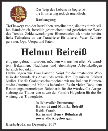 Traueranzeige von Helmut Beireiß von Thüringer Allgemeine, Thüringische Landeszeitung