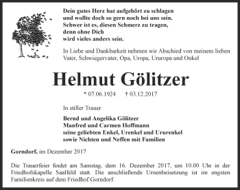 Traueranzeige von Helmut Gölitzer von Ostthüringer Zeitung