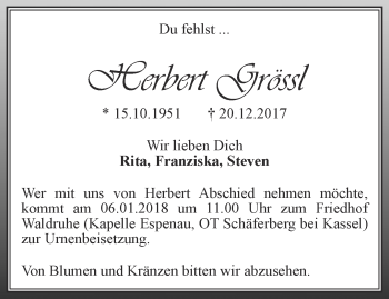 Traueranzeige von Herbert Grössl von Ostthüringer Zeitung, Thüringische Landeszeitung