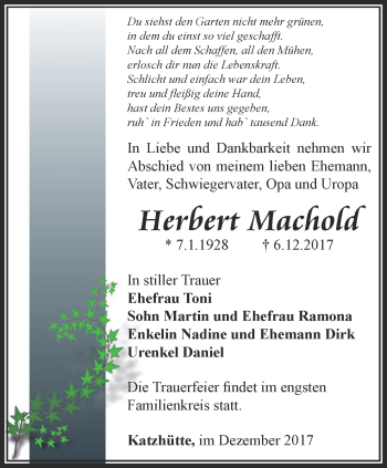 Traueranzeige von Herbert Machold von Ostthüringer Zeitung