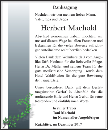 Traueranzeige von Herbert Machold von Ostthüringer Zeitung