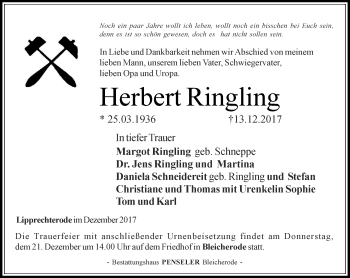 Traueranzeige von Herbert Ringling von Thüringer Allgemeine