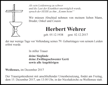 Traueranzeige von Herbert Wehrer von Thüringer Allgemeine