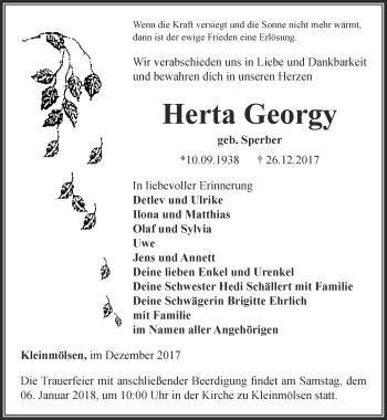 Traueranzeige von Herta Georgy von Thüringer Allgemeine, Thüringische Landeszeitung