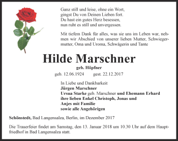 Traueranzeige von Hilde Marscher von Thüringer Allgemeine, Thüringische Landeszeitung