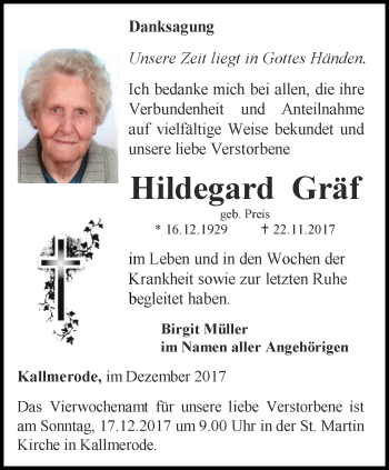 Traueranzeige von Hildegard Gräf von Thüringer Allgemeine