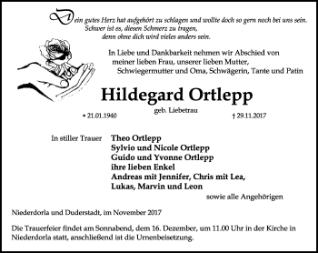 Traueranzeige von Hildegard Ortlepp von Thüringer Allgemeine, Thüringische Landeszeitung