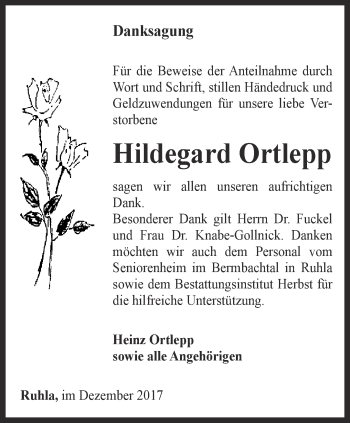 Traueranzeige von Hildegard Ortlepp von Thüringer Allgemeine, Thüringische Landeszeitung