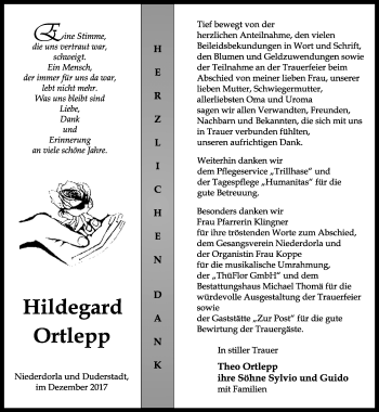 Traueranzeige von Hildegard Ortlepp von Thüringer Allgemeine, Thüringische Landeszeitung