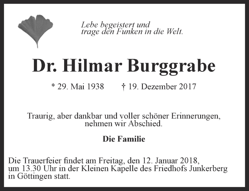  Traueranzeige für Hilmar Burggrabe vom 27.12.2017 aus Thüringer Allgemeine