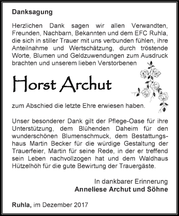 Traueranzeige von Horst Archut von Thüringer Allgemeine, Thüringische Landeszeitung