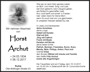 Traueranzeige von Horst Archut von Thüringer Allgemeine, Thüringische Landeszeitung