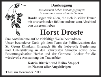 Traueranzeige von Horst Droste von Thüringer Allgemeine, Thüringische Landeszeitung