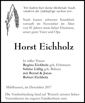 Traueranzeige von Horst Eichholz von Thüringer Allgemeine, Thüringische Landeszeitung