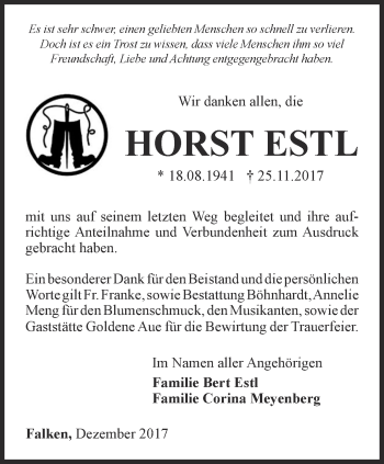 Traueranzeige von Horst Estl von Thüringer Allgemeine, Thüringische Landeszeitung