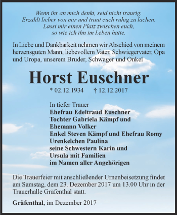 Traueranzeige von Horst Euschner von Ostthüringer Zeitung