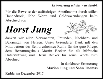 Traueranzeige von Horst Jung von Thüringer Allgemeine, Thüringische Landeszeitung