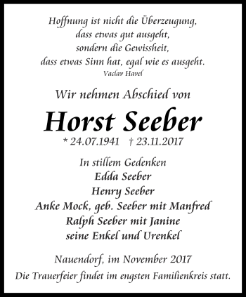 Traueranzeige von Horst Seeber von Ostthüringer Zeitung, Thüringische Landeszeitung