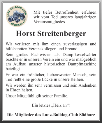 Traueranzeige von Horst Streitenberger von Thüringer Allgemeine