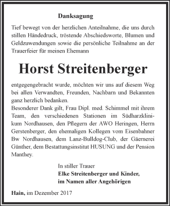 Traueranzeige von Horst Streitenberger von Thüringer Allgemeine