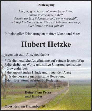 Traueranzeige von Hubert Hetzke von Thüringer Allgemeine
