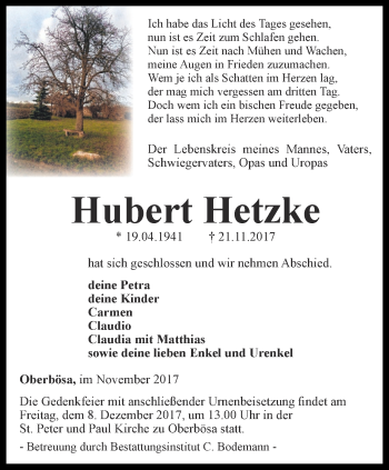 Traueranzeige von Hubert Hetzke von Thüringer Allgemeine