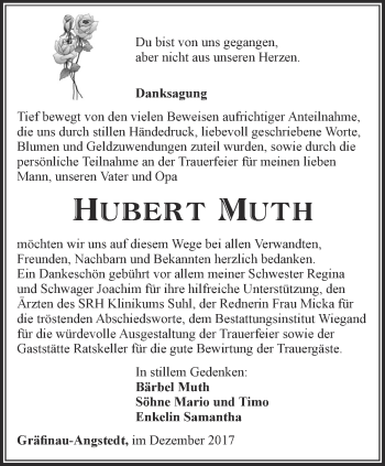 Traueranzeige von Hubert Muth von Thüringer Allgemeine