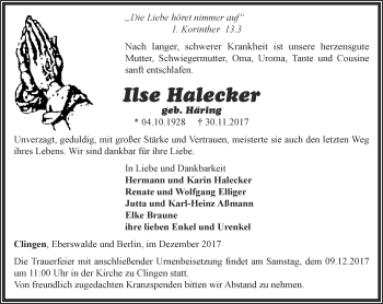 Traueranzeige von Ilse Halecker von Thüringer Allgemeine