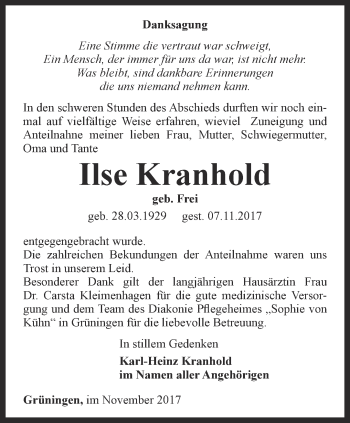 Traueranzeige von Ilse Kranhold von Thüringer Allgemeine