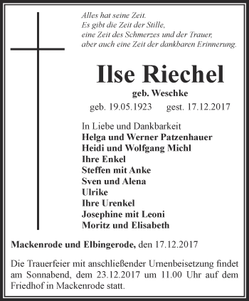 Traueranzeige von Ilse Riechel von Thüringer Allgemeine