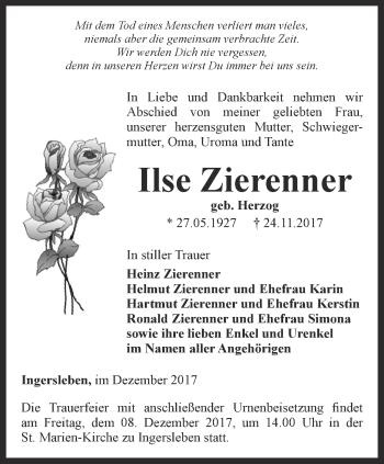 Traueranzeige von Ilse Zierenner von Thüringer Allgemeine, Thüringische Landeszeitung