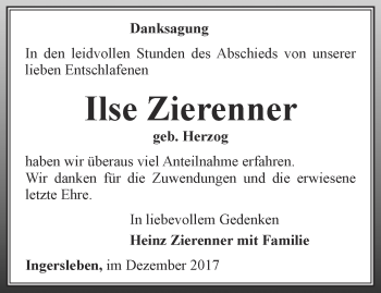 Traueranzeige von Ilse Zierenner von Thüringer Allgemeine, Thüringische Landeszeitung