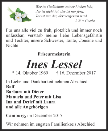 Traueranzeige von Ines Lessel von Ostthüringer Zeitung, Thüringische Landeszeitung