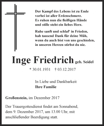 Traueranzeige von Inge Friedrich von Ostthüringer Zeitung