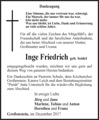 Traueranzeige von Inge Friedrich von Ostthüringer Zeitung