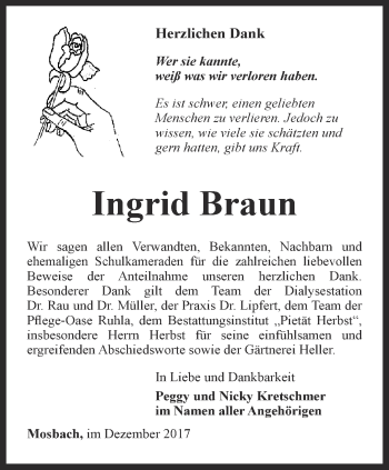 Traueranzeige von Ingrid Braun von Thüringer Allgemeine, Thüringische Landeszeitung