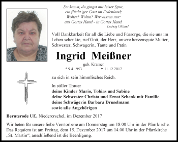 Traueranzeige von Ingrid Meißner von Thüringer Allgemeine