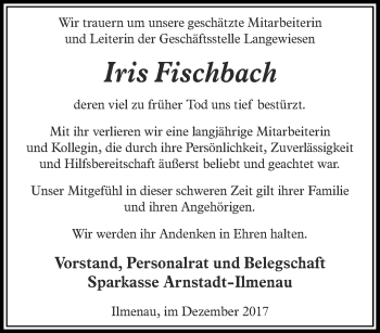 Traueranzeige von Iris Fischbach von Thüringer Allgemeine