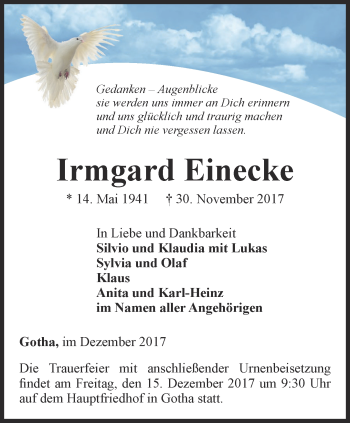 Traueranzeige von Irmgard Einecke von Ostthüringer Zeitung, Thüringische Landeszeitung