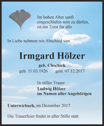 Traueranzeige von Irmgard Hölzer von Ostthüringer Zeitung